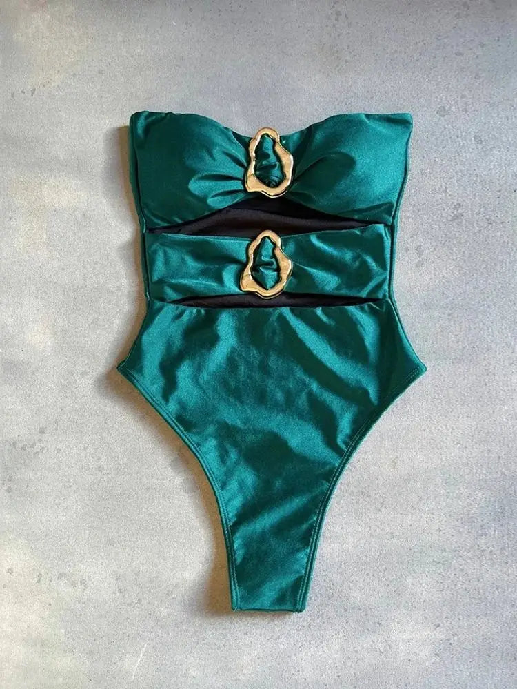 Green bandeau one piece swimsuit with gold metal rings – High leg cut women – FTF Market