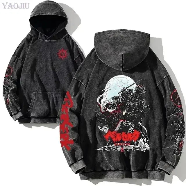 Anime hoodie plus size, gothic Harajuku, manga sweatshirt, washed denim, hip hop vintage, black pullover, Y2K streetwear.