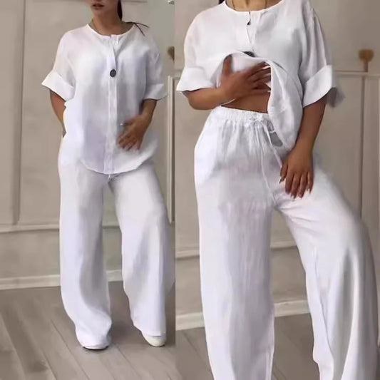 Women's 2-piece linen set in withe — V-neck blouse and wide leg trousers, FTF Market UK