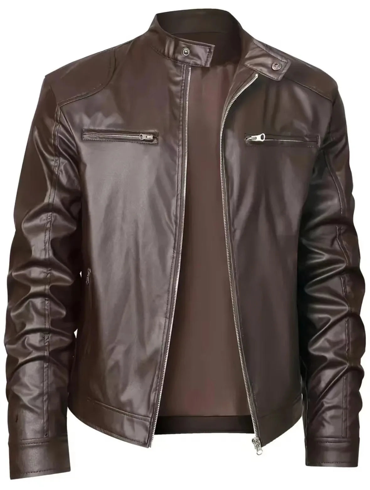Brown leather jacket on a white background. Men’s slim fit motorcycle jacket in PU leather, stand collar, zip closure, pockets, thin design, black, casual punk UK outerwear, S–5XL.