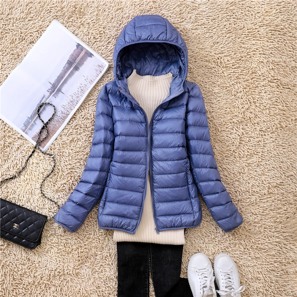 Women's ultra-lightweight hooded puffer jacket in multiple colors and extended sizes