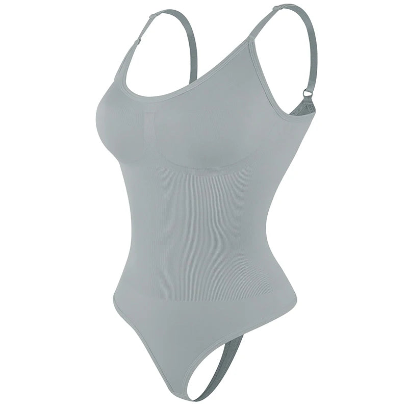 Gray seamless firm-control cupless thong smoothing shapewear bodysuit