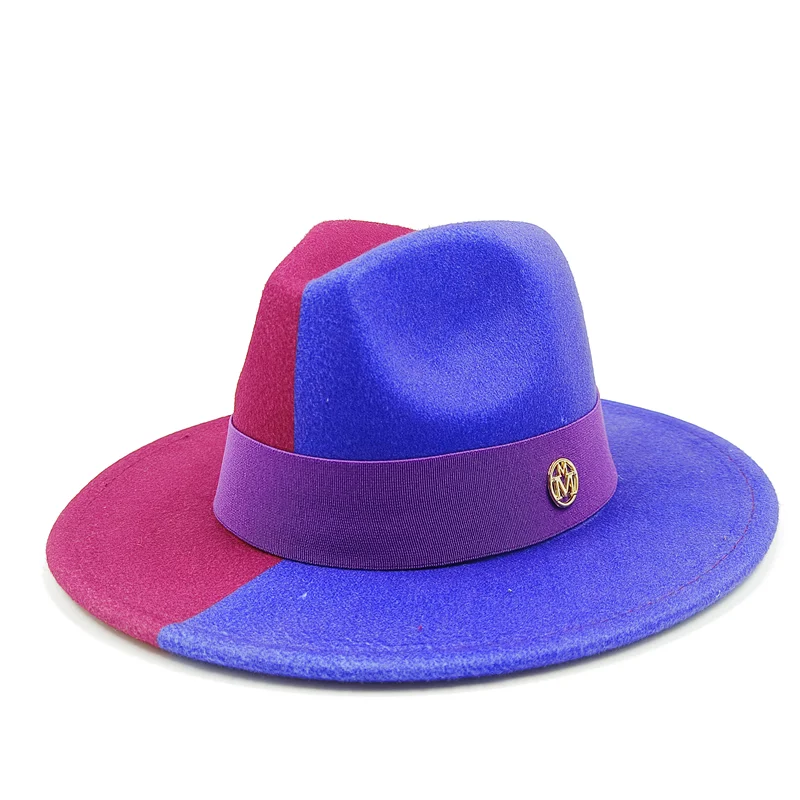 Two hats with purple and blue color scheme on a white background. Unisex double fedora hat, dual color gradient tie-dye, casual jazz style, cotton-polyester mix, suitable for outdoor autumn and spring.