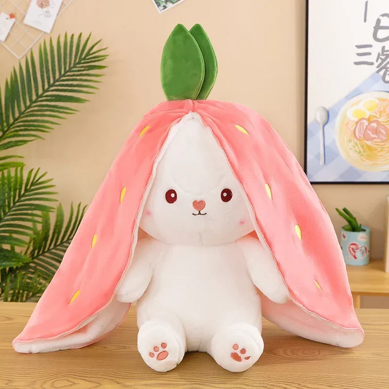 25CM Cute Transform Strawberry Rabbit Doll, plush toy, carrot rabbit, small fruit doll, bunny stuffed animal, gift, ftf fashion