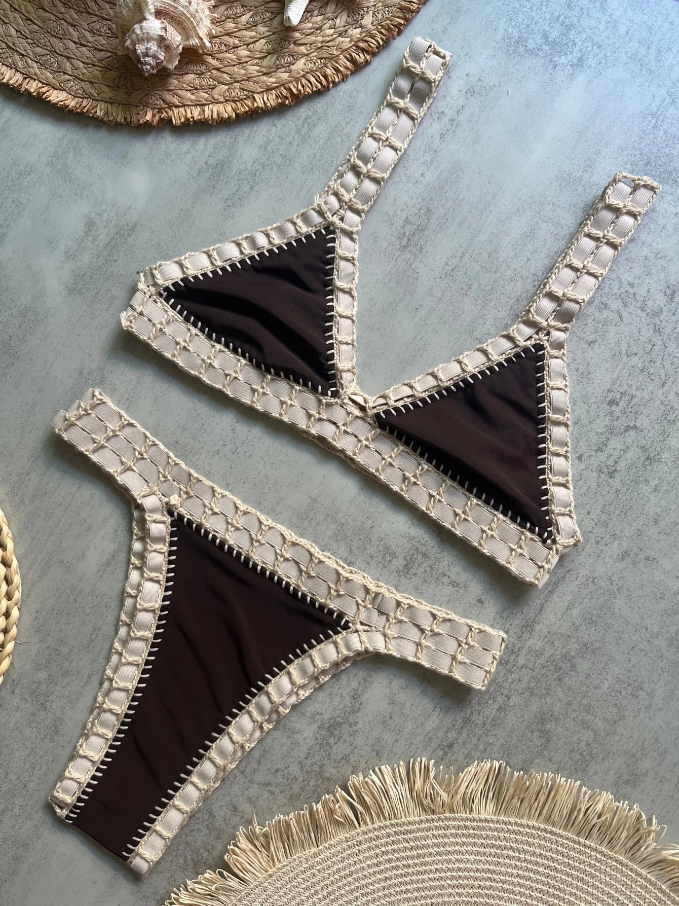 Black and white crochet bikini set — Deep V bandeau women swimsuit