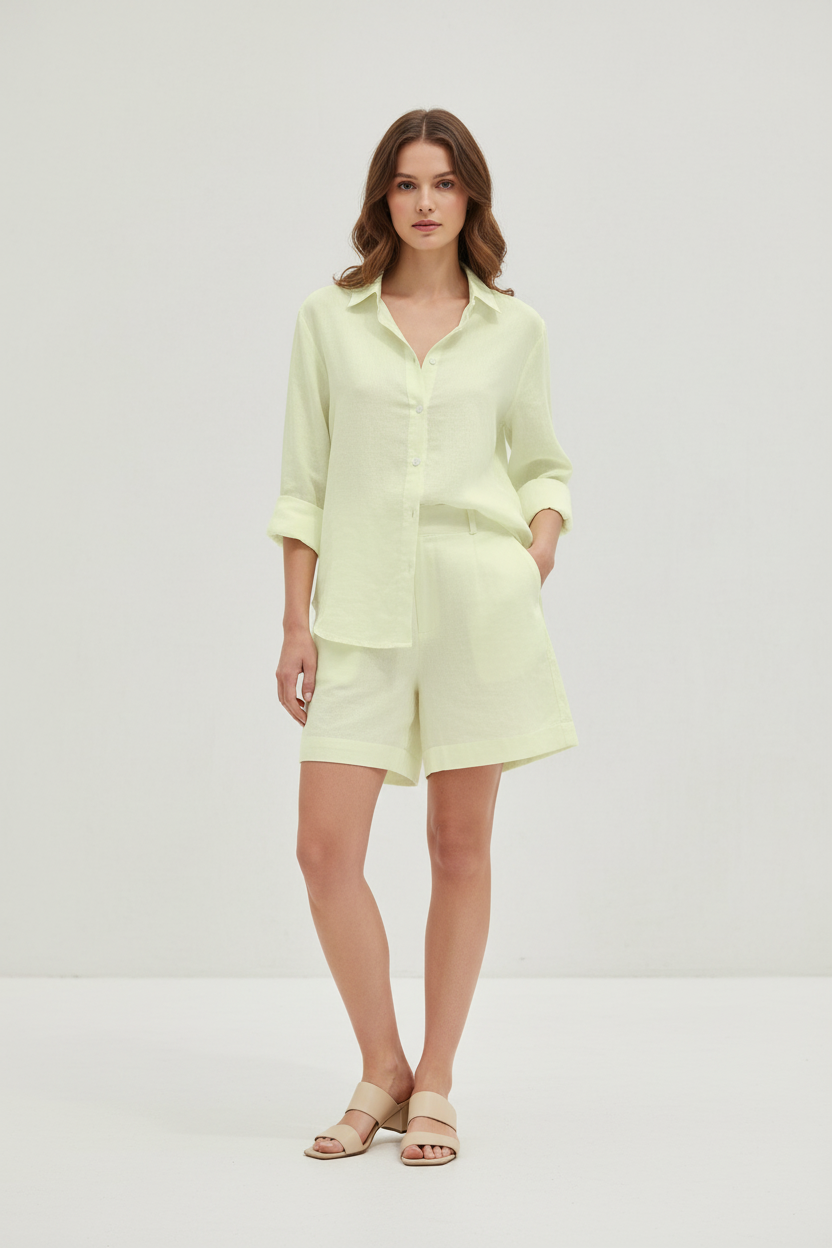 Light Yellow Linen cotton shirt shorts set womens summer FTF Market UK