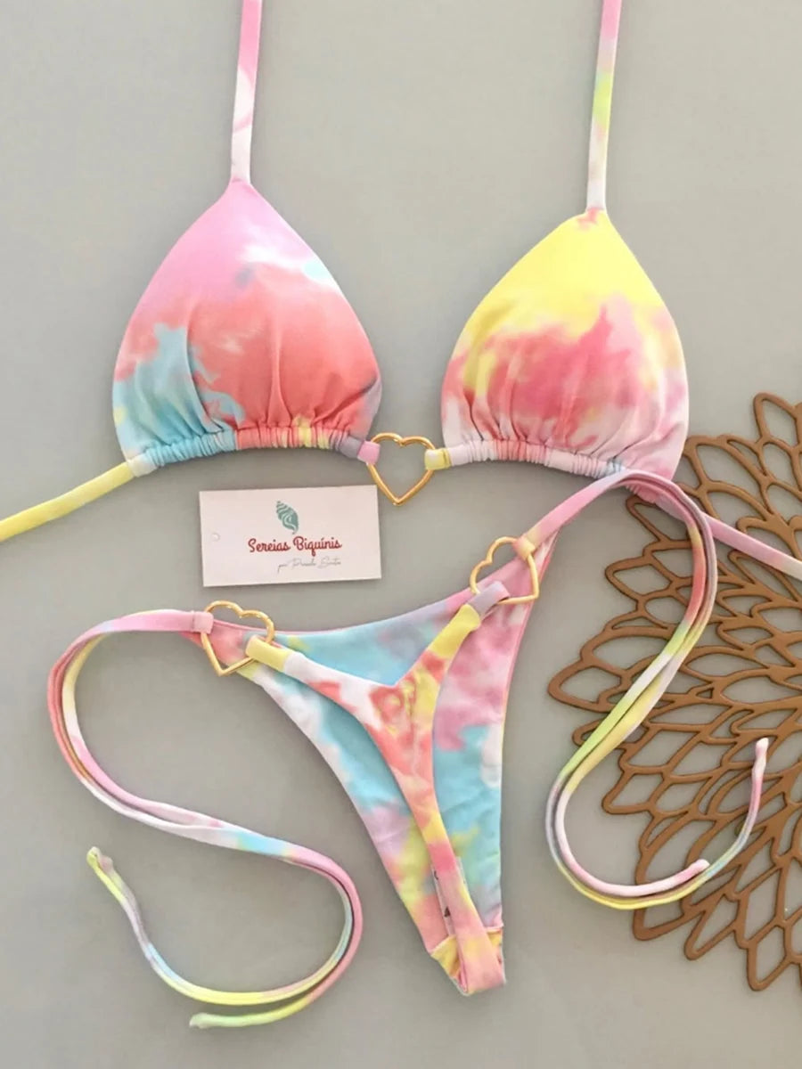Rainbow stripe micro bikini set halter triangle — Brazilian thong swimwear women UK
