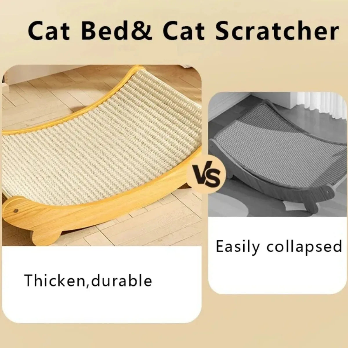 Cat bed and cat scratcher comparison with text on durability and collapsibility. Wooden cat scratching pad & bed, single layer, sisal surface, pet furniture, kitten recliner, multi-purpose cat toy for lounging and claw care.