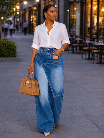 A woman walking on a city sidewalk wearing a white button-down shirt tucked into a wide-leg blue denim skirt, holding a tan leather handbag.