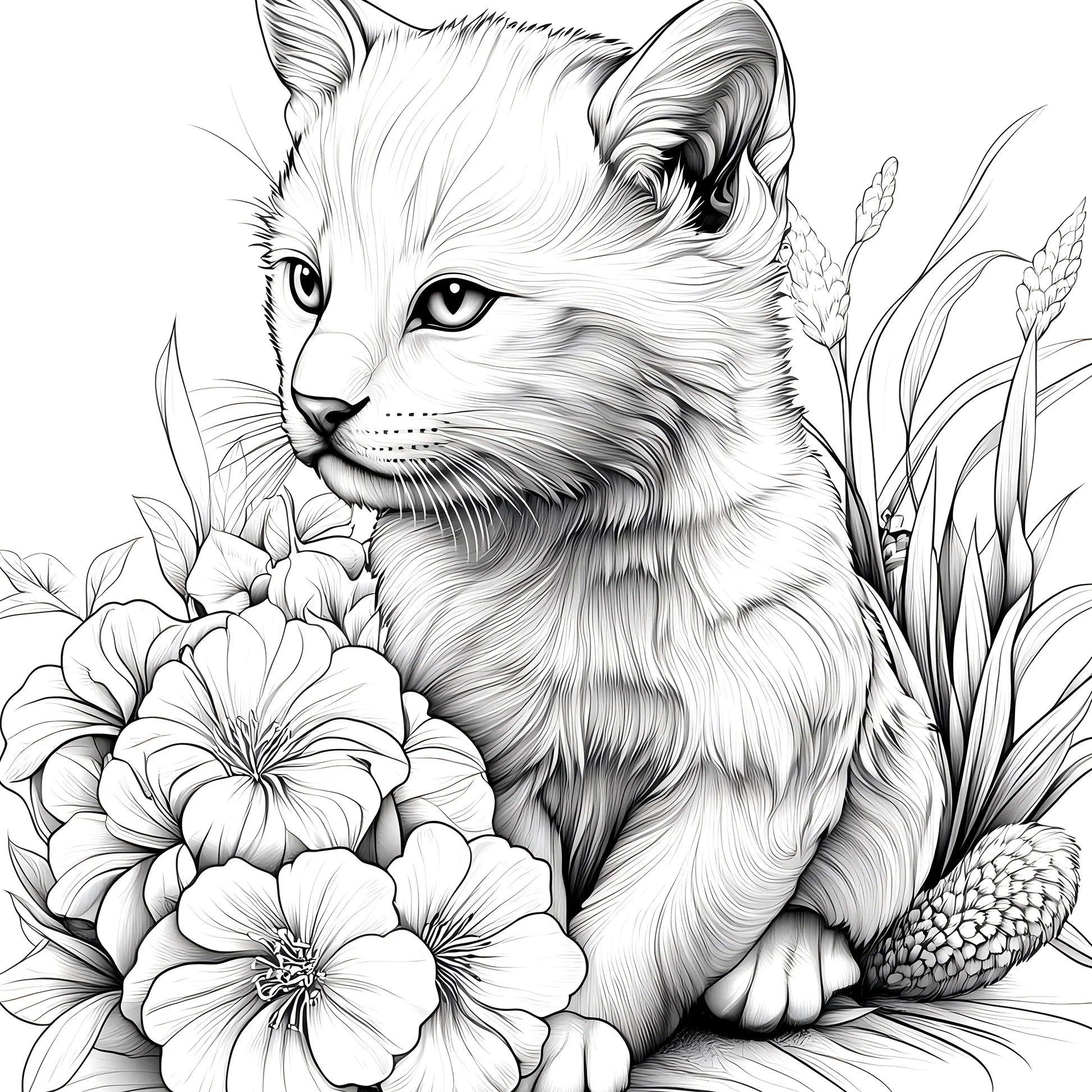 Black and white illustration of a cat among flowers and plants. Animal Paradise adult coloring book featuring therapeutic art, cute cats, floral designs for relaxation, FTF Market UK.