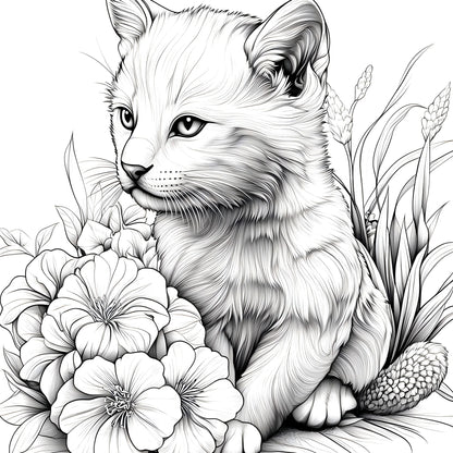 Black and white illustration of a cat among flowers and plants. Animal Paradise adult coloring book featuring therapeutic art, cute cats, floral designs for relaxation, FTF Market UK.