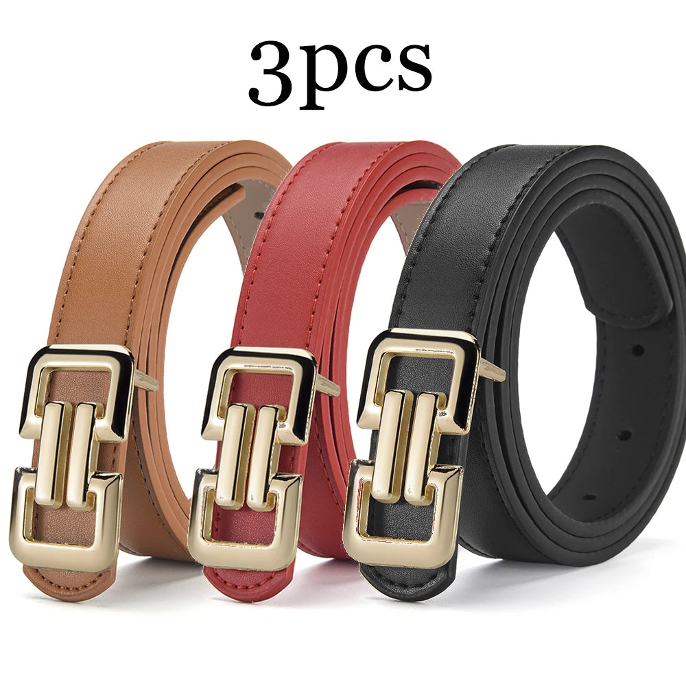 Slim PU leather belt women UK — brown red black 3-pack smooth buckle — FTF Market