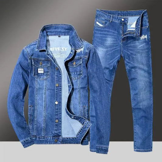 Blue denim jacket and jeans on a gray background