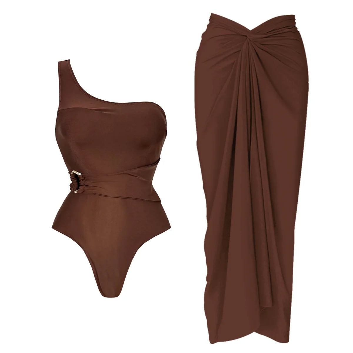 Brown one-shoulder swimsuit and matching skirt on a white background. Women’s 2-piece deep V swimsuit with long skirt, adjustable straps, solid color, beachwear, comfortable polyester/spandex fabric, flattering fit.