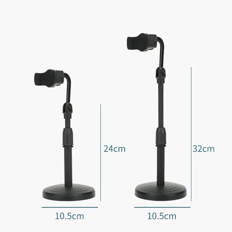 Two black microphone stands with measurements on a white background. Aluminum alloy desktop tripod phone holder stand bracket for iPhone & smartphones. Portable stable tripod perfect for photography, video, live calls.