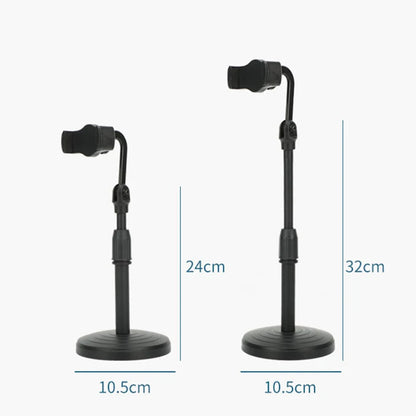 Two black microphone stands with measurements on a white background. Aluminum alloy desktop tripod phone holder stand bracket for iPhone & smartphones. Portable stable tripod perfect for photography, video, live calls.