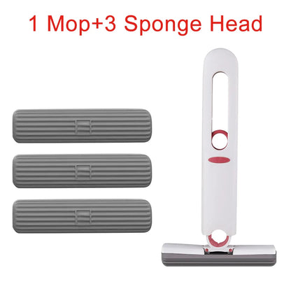 Mop with three sponge heads on a white background. Portable mini mop with microfiber sponge head and self-squeeze pole. Perfect for multiple surfaces, compact design, easy to use. Fast UK shipping.