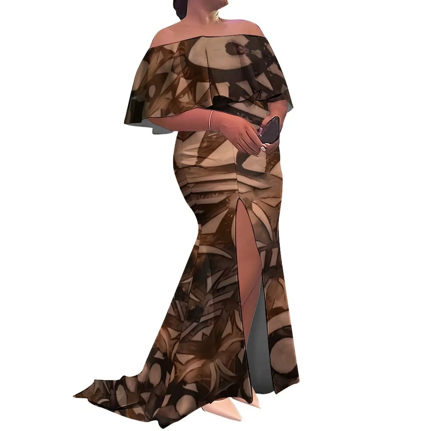 Woman wearing a patterned off-shoulder dress on a white background
