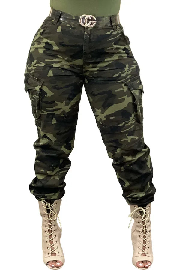 Camouflage pants with a belt and high-heeled boots on a white background