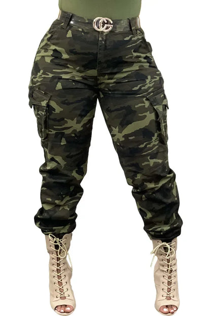 Camouflage pants with a belt and high-heeled boots on a white background