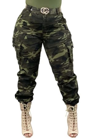 Green Fitted camo cargo sheath pants women structured FTF Market UK