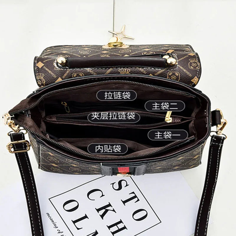 Open handbag showing compartments with labels on a white background