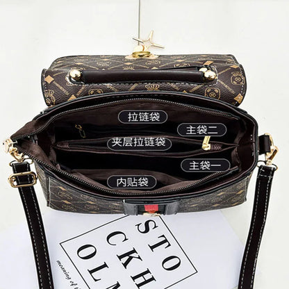 Open handbag showing compartments with labels on a white background