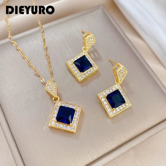 316L Stainless Steel Blue Crystal Necklace and Earrings Set with Square Design