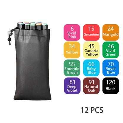 Black pouch with colorful markers and color swatches on a white background. Pro Dual-Tip Alcohol Markers Set featuring fine and chisel tips, vibrant streak-free ink, ergonomic design for artists’ coloring and sketching projects UK.