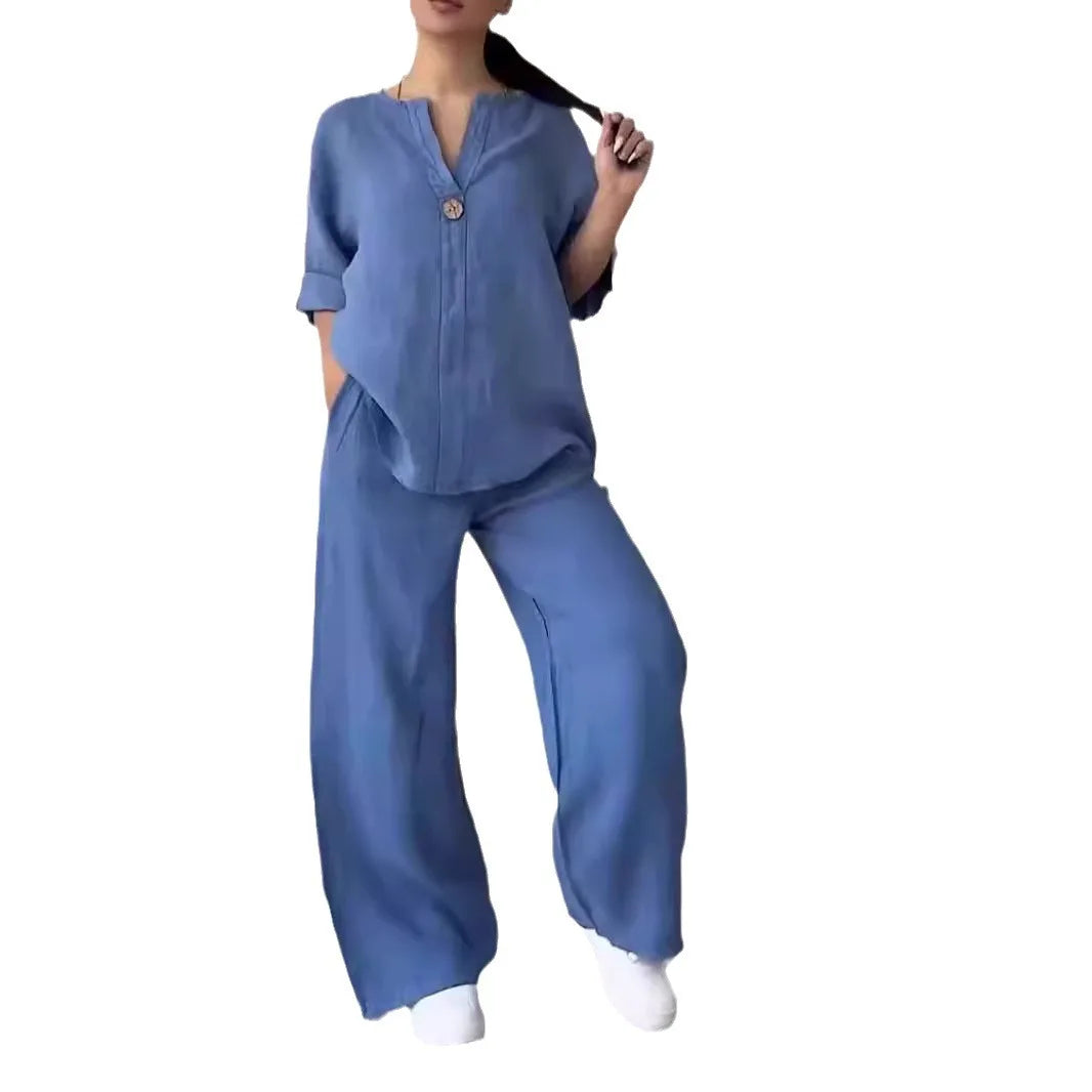 Women's casual co-ord set in cow blue — loose blouse and high-waist wide leg trousers...