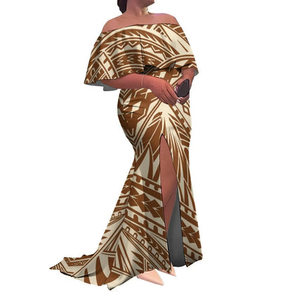 Woman wearing a brown and beige patterned off-shoulder dress on a white background