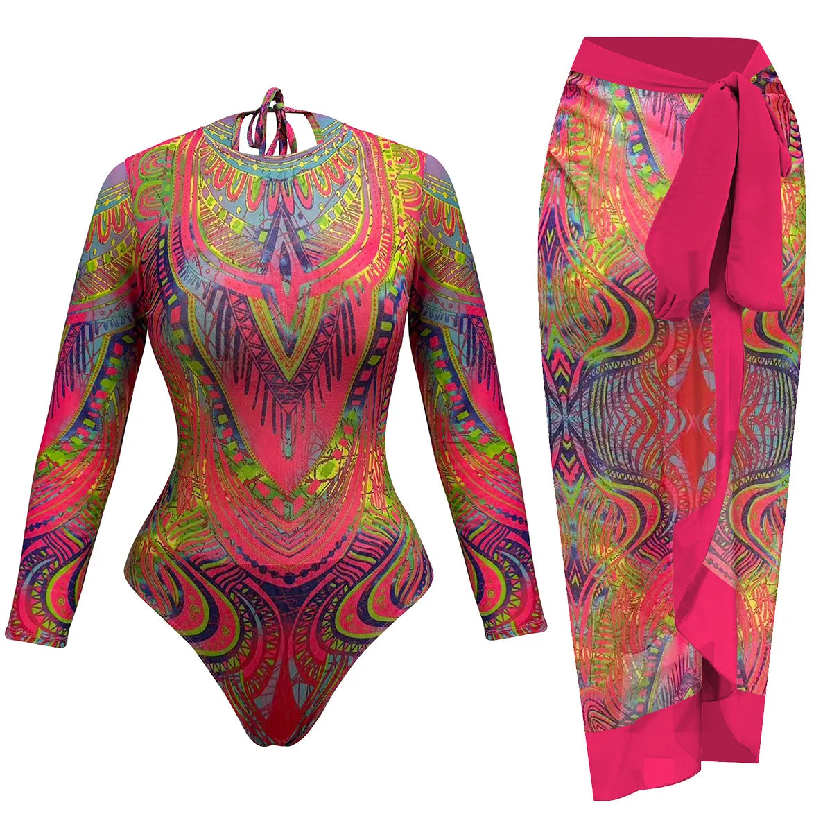 Rust orange floral mesh swimsuit front view — long sleeve one-piece swimdress women