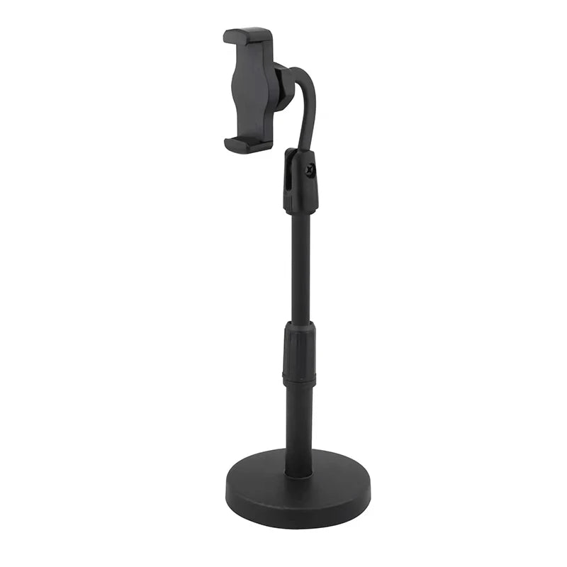 Black adjustable stand with a clip on a white background. Aluminum alloy desktop tripod phone holder stand bracket for iPhone & smartphones. Portable stable tripod perfect for photography, video, live calls.