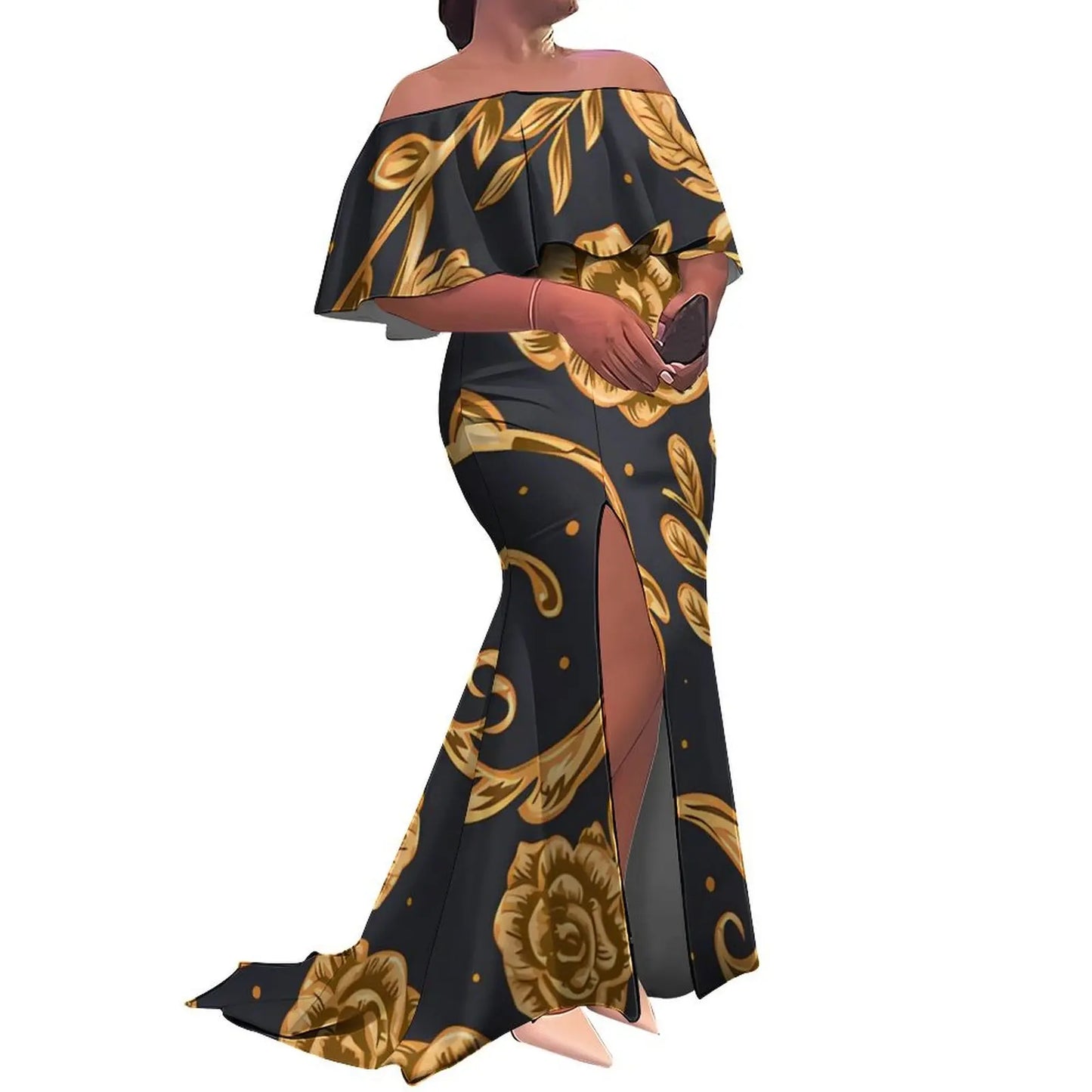 Black and gold floral off-shoulder dress on a white background