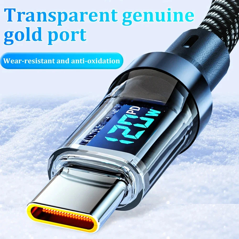 USB charging cable with digital display on a white background. 120W fast charge USB-A to Type-C cable, nylon braided with LED display. For Xiaomi, Samsung, Huawei. Fast charging and data sync.