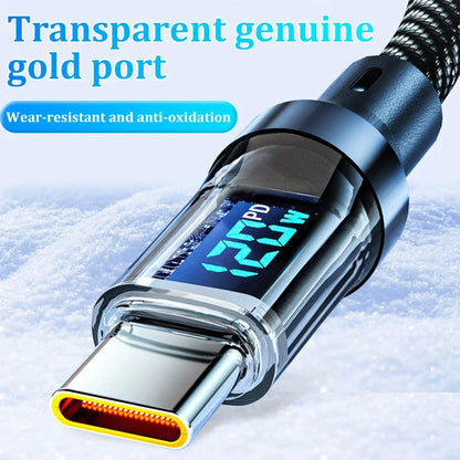 USB charging cable with digital display on a white background. 120W fast charge USB-A to Type-C cable, nylon braided with LED display. For Xiaomi, Samsung, Huawei. Fast charging and data sync.