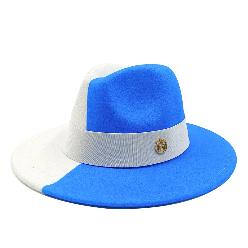 Blue and white hat with a logo on a white background. Unisex double fedora hat, dual color gradient tie-dye, casual jazz style, cotton-polyester mix, suitable for outdoor autumn and spring.