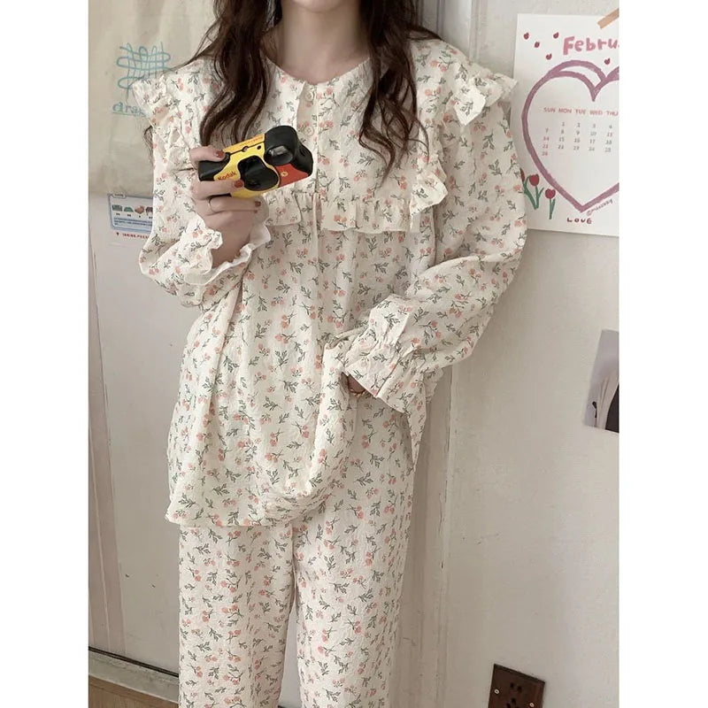 Discover the ftf fashion Floral Print Women Pajama Suit. Long sleeve set with turn-down collar and ankle-length pants. Perfect for lounging at home. Available at FTF Market. Floral Pajama Suit, Women's Pajama Set, Long Sleeve Pajamas, Autumn Pajamas, Floral Print Sleepwear, Two-Piece Pajama Set, Comfortable Pajamas, Trendy Sleepwear, FTF Market UK, ftf fashion