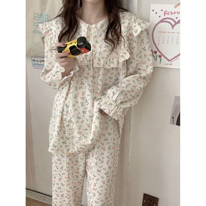 Discover the ftf fashion Floral Print Women Pajama Suit. Long sleeve set with turn-down collar and ankle-length pants. Perfect for lounging at home. Available at FTF Market. Floral Pajama Suit, Women's Pajama Set, Long Sleeve Pajamas, Autumn Pajamas, Floral Print Sleepwear, Two-Piece Pajama Set, Comfortable Pajamas, Trendy Sleepwear, FTF Market UK, ftf fashion