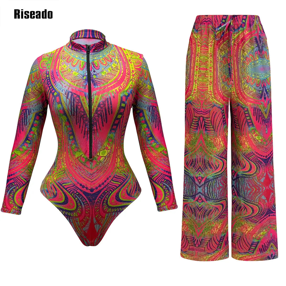 Multicolor abstract mesh swimdress — high waist long sleeve one-piece swimwear women