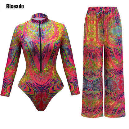 Multicolor abstract mesh swimdress — high waist long sleeve one-piece swimwear women