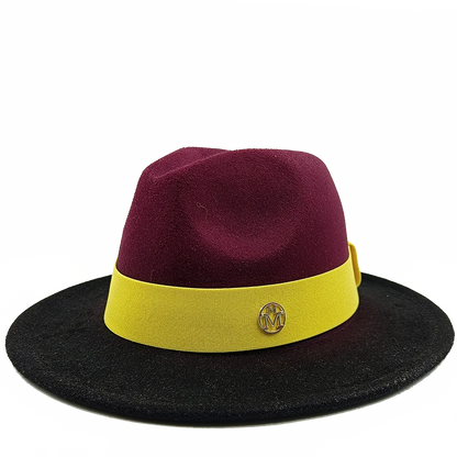 Two-tone fedora hat with a yellow band and logo on a white background. Unisex double fedora hat, dual color gradient tie-dye, casual jazz style, cotton-polyester mix, suitable for outdoor autumn and spring.