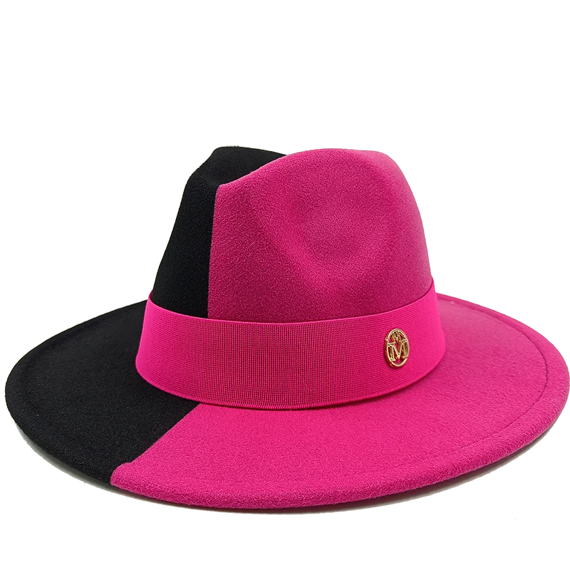 Pink and black fedora hat with a gold emblem on a white background. Unisex double fedora hat, dual color gradient tie-dye, casual jazz style, cotton-polyester mix, suitable for outdoor autumn and spring.