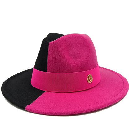 Pink and black fedora hat with a gold emblem on a white background. Unisex double fedora hat, dual color gradient tie-dye, casual jazz style, cotton-polyester mix, suitable for outdoor autumn and spring.