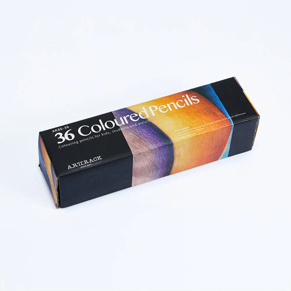 Box of 36 coloured pencils with a colorful design on a white background. Set crayons de couleur bois 12-72 pcs, colorés et vibrants pour dessin, écriture, fournitures scolaires et art. Qualité pro UK FTF Market.