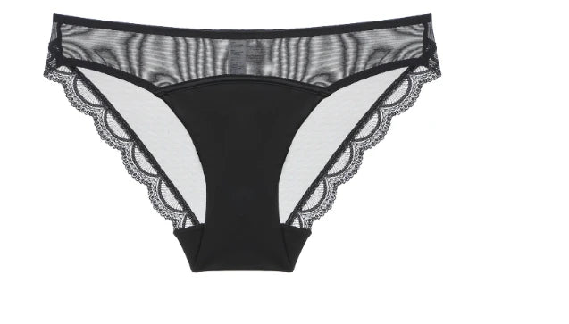 Black sheer mesh panty brief — lace scalloped edge low-waist women's underwear UK