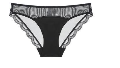 Black sheer mesh panty brief — lace scalloped edge low-waist women's underwear UK
