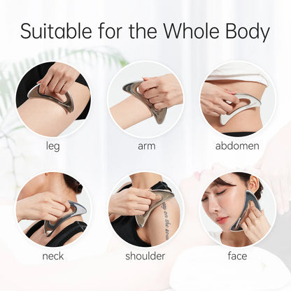 Woman Using Stainless Steel Gua Sha Facial Scraping Tool – Premium Home Aesthetic Face Massage