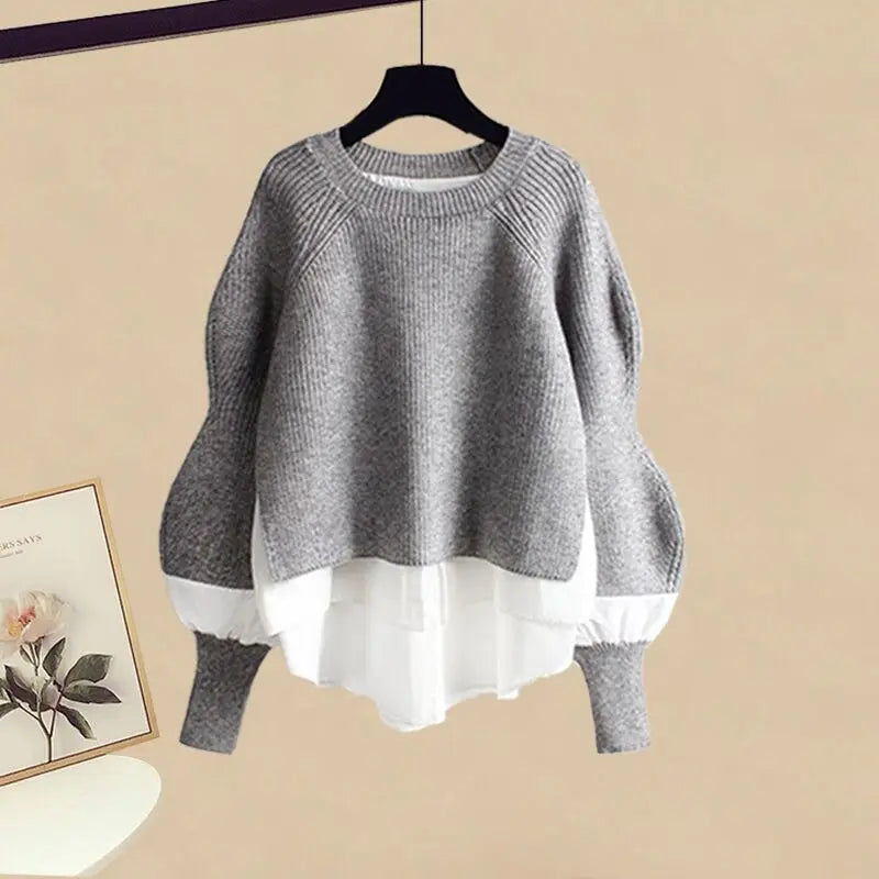 Elegant Splice Knitted Sweater Dress Set – Chic two-piece design, knitted sweater, matching skirt, stylish splice pattern. Perfect for casual and formal wear. Available on FTFmarket.net, fast delivery in the UK. Stay stylish with FTF Fashion and Mode FTF.