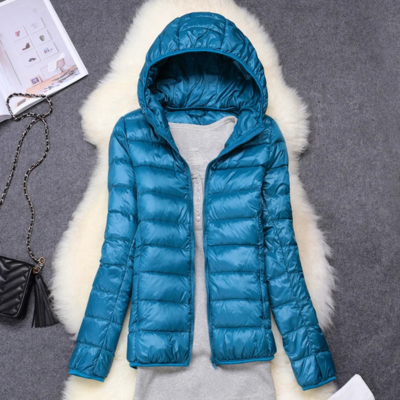 Women's ultra-lightweight hooded puffer jacket in multiple colors and extended sizes